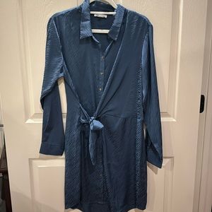 Slate blue satin wrap around dress.